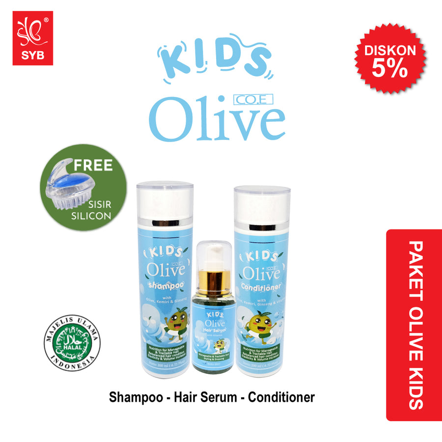 Paket Olive Kids Original 100% by SYB ( Shampoo, Conditoner & Hair Serum ) - FREE SIKAT RAMBUT - SYBofficial